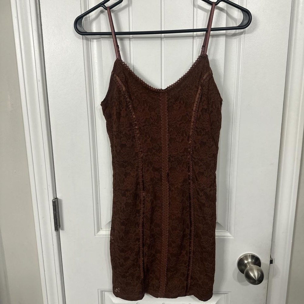 Brown‎ Lace Bodycon Mini Dress | Thin Strap Snatched Fit. Small